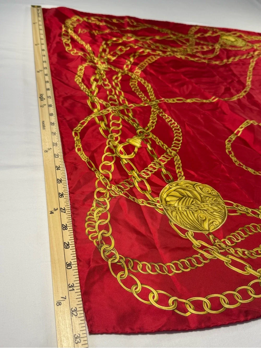 RARE VTG Mednikow Jewelers Silk Scarf Made In Italy Hand-Rolled Red Gold Chain